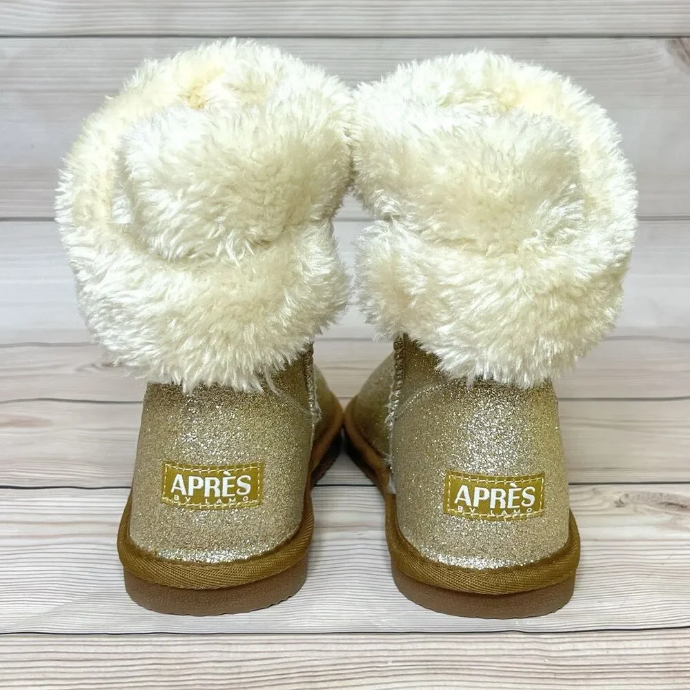 Lamo APRES Youth Winter Boots Girls 2Y Glitter Gold Slip-On Faux Fur Wrap Cuff